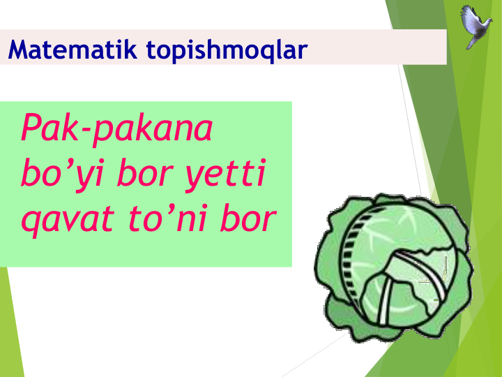 Pak-pakana 
bo’yi bor yetti 
qavat to’ni bor
Matematik topishmoqlar  
