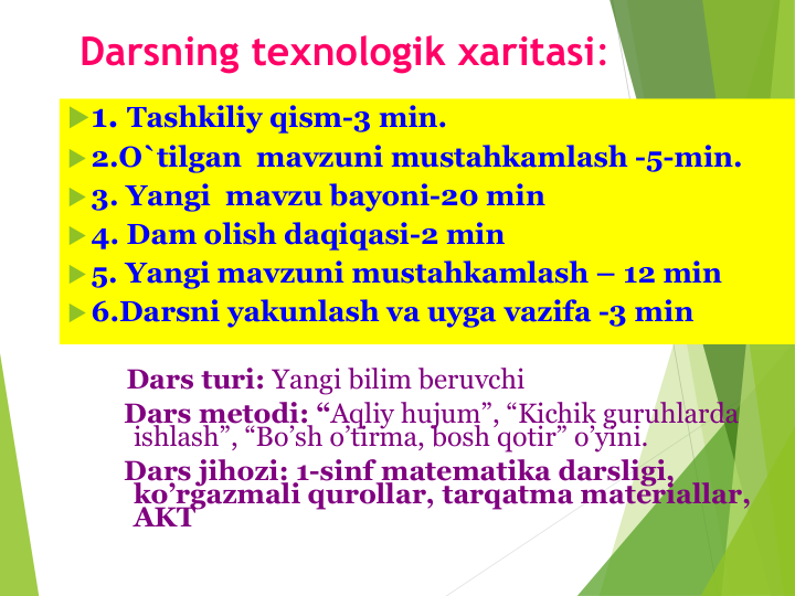 Darsning texnologik xaritasi:
1. Tashkiliy qism-3 min.
2.O`tilgan  mavzuni mustahkamlash -5-min.
3. Yangi  mavzu bayoni-20 min
4. Dam olish daqiqasi-2 min
5. Yangi mavzuni mustahkamlash – 12 min
6.Darsni yakunlash va uyga vazifa -3 min
Dars turi: Yangi bilim beruvchi
Dars metodi: “Aqliy hujum”, “Kichik guruhlarda 
ishlash”, “Bo’sh o’tirma, bosh qotir” o’yini.
Dars jihozi: 1-sinf matematika darsligi, 
ko’rgazmali qurollar, tarqatma materiallar, 
AKT
