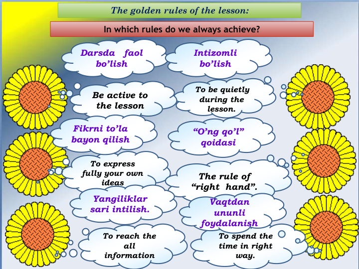 In which rules do we always achieve?
To be quietly     
during the 
lesson.
Be active to 
the lesson
To reach the 
all 
information
To spend the 
time in right 
way.
To express 
fully your own 
ideas 
The rule of 
“right  hand”.
The golden rules of the lesson: 
Darsda   faol 
bo’lish
Intizomli   
bo’lish
Fikrni to’la   
bayon qilish
“O’ng qo’l” 
qoidasi 
Yangiliklar 
sari intilish.
Vaqtdan 
ununli 
foydalanish
