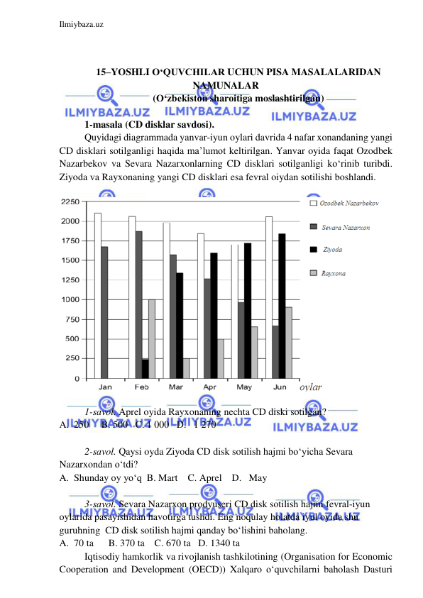  
 
Ilmiybaza.uz 
 
 
 
15–YOSHLI O‘QUVCHILAR UCHUN PISA MASALALARIDAN 
NAMUNALAR 
(O‘zbekiston sharoitiga moslashtirilgan) 
 
1-masala (CD disklar savdosi).  
Quyidagi diagrammada yanvar-iyun oylari davrida 4 nafar xonandaning yangi 
CD disklari sotilganligi haqida ma’lumot keltirilgan. Yanvar oyida faqat Ozodbek 
Nazarbekov va Sevara Nazarxonlarning CD disklari sotilganligi ko‘rinib turibdi. 
Ziyoda va Rayxonaning yangi CD disklari esa fevral oiydan sotilishi boshlandi.   
 
 
 
1-savol. Aprel oyida Rayxonaning nechta CD diski sotilgan? 
A.  250     B. 500   C. 1 000   D.   1 270 
 
2-savol. Qaysi oyda Ziyoda CD disk sotilish hajmi bo‘yicha Sevara 
Nazarxondan o‘tdi?   
A.  Shunday oy yo‘q  B. Mart    C. Aprel    D.   May 
 
3-savol. Sevara Nazarxon prodyuseri CD disk sotilish hajmi fevral-iyun 
oylarida pasayishidan havotirga tushdi. Eng noqulay holatda iyul oyida shu 
guruhning  CD disk sotilish hajmi qanday bo‘lishini baholang. 
A.  70 ta      B. 370 ta    C. 670 ta   D. 1340 ta 
 
Iqtisodiy hamkorlik va rivojlanish tashkilotining (Organisation for Economic 
Cooperation and Development (OECD)) Xalqaro o‘quvchilarni baholash Dasturi 
