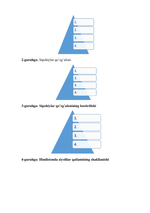  
2-guruhga: Sipohiylar qo’zg’aloni 
 
3-guruhga: Sipohiylar qo’zg’alonining bostirilishi 
 
4-guruhga: Hindistonda ziyolilar qatlamining shakllanishi 
 
