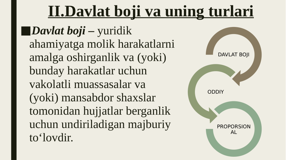 II.Davlat boji va uning turlari
■Davlat boji – yuridik 
ahamiyatga molik harakatlarni 
amalga oshirganlik va (yoki) 
bunday harakatlar uchun 
vakolatli muassasalar va 
(yoki) mansabdor shaxslar 
tomonidan hujjatlar berganlik 
uchun undiriladigan majburiy 
to‘lovdir.
DAVLAT BOJI
ODDIY
PROPORSION
AL

