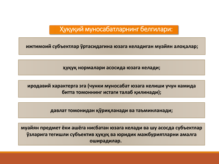 Ҳуқуқий муносабатларнинг белгилари: 
ижтимоий субъектлар ўртасидагина юзага келадиган муайян алоқалар; 
ҳуқуқ нормалари асосида юзага келади; 
иродавий характерга эга (чунки муносабат юзага келиши учун камида
битта томоннинг истаги талаб қилинади); 
давлат томонидан қўриқланади ва таъминланади; 
муайян предмет ёки ашёга нисбатан юзага келади ва шу асосда субъектлар 
ўзларига тегишли субъектив ҳуқуқ ва юридик мажбуриятларни амалга 
оширадилар.
