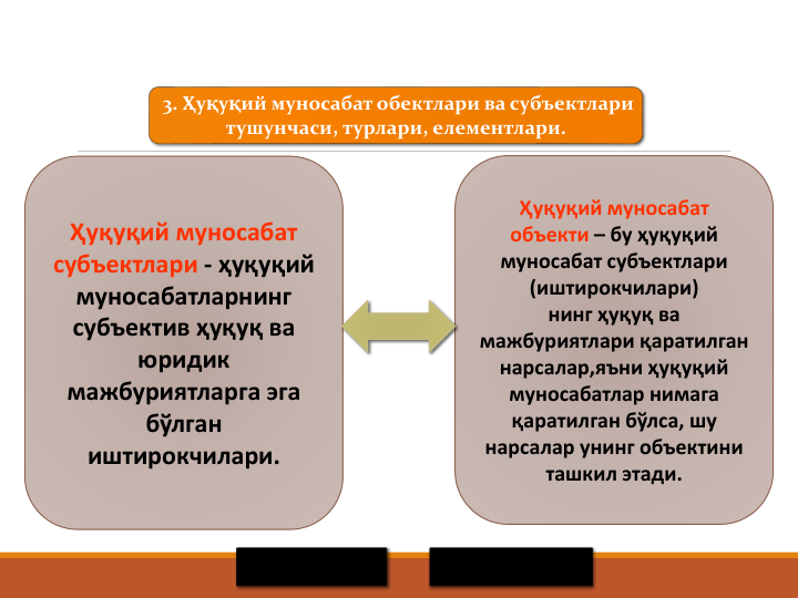 Ҳуқуқий муносабат 
субъектлари - ҳуқуқий 
муносабатларнинг 
субъектив ҳуқуқ ва 
юридик 
мажбуриятларга эга 
бўлган 
иштирокчилари.
Ҳуқуқий муносабат 
объекти – бу ҳуқуқий 
муносабат субъектлари 
(иштирокчилари)
нинг ҳуқуқ ва 
мажбуриятлари қаратилган 
нарсалар,яъни ҳуқуқий 
муносабатлар нимага 
қаратилган бўлса, шу 
нарсалар унинг объектини 
ташкил этади. 
3. Ҳуқуқий муносабат обектлари ва субъектлари 
тушунчаси, турлари, елементлари.
