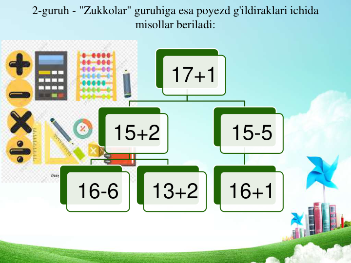 2-guruh - "Zukkolar" guruhiga esa poyezd g'ildiraklari ichida 
misollar beriladi: 
17+1
15+2
16-6
13+2
15-5
16+1
