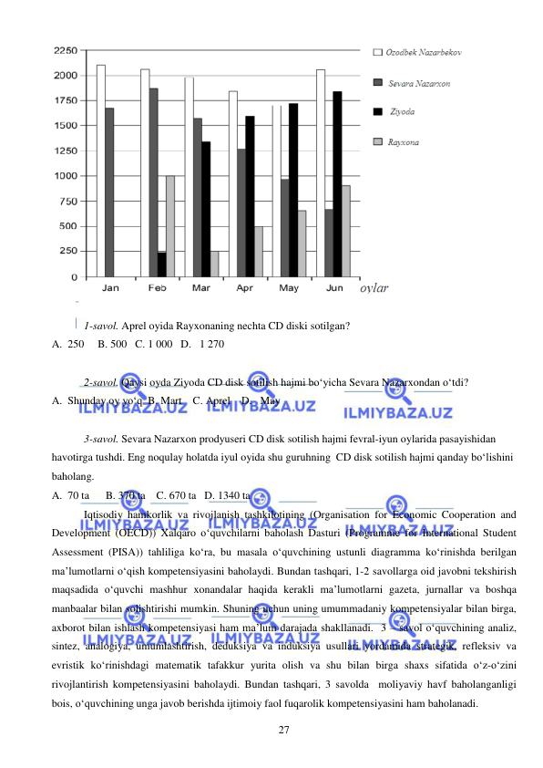  
 
27 
 
 
1-savol. Aprel oyida Rayxonaning nechta CD diski sotilgan? 
A.  250     B. 500   C. 1 000   D.   1 270 
 
2-savol. Qaysi oyda Ziyoda CD disk sotilish hajmi bo‘yicha Sevara Nazarxondan o‘tdi?   
A.  Shunday oy yo‘q  B. Mart    C. Aprel    D.   May 
 
3-savol. Sevara Nazarxon prodyuseri CD disk sotilish hajmi fevral-iyun oylarida pasayishidan 
havotirga tushdi. Eng noqulay holatda iyul oyida shu guruhning  CD disk sotilish hajmi qanday bo‘lishini 
baholang. 
A.  70 ta      B. 370 ta    C. 670 ta   D. 1340 ta 
 
Iqtisodiy hamkorlik va rivojlanish tashkilotining (Organisation for Economic Cooperation and 
Development (OECD)) Xalqaro o‘quvchilarni baholash Dasturi (Programme for International Student 
Assessment (PISA)) tahliliga ko‘ra, bu masala o‘quvchining ustunli diagramma ko‘rinishda berilgan 
ma’lumotlarni o‘qish kompetensiyasini baholaydi. Bundan tashqari, 1-2 savollarga oid javobni tekshirish 
maqsadida o‘quvchi mashhur xonandalar haqida kerakli ma’lumotlarni gazeta, jurnallar va boshqa 
manbaalar bilan solishtirishi mumkin. Shuning uchun uning umummadaniy kompetensiyalar bilan birga, 
axborot bilan ishlash kompetensiyasi ham ma’lum darajada shakllanadi.  3 – savol o‘quvchining analiz, 
sintez, analogiya, umumlashtirish, deduksiya va induksiya usullari yordamida strategik, refleksiv va 
evristik ko‘rinishdagi matematik tafakkur yurita olish va shu bilan birga shaxs sifatida o‘z-o‘zini 
rivojlantirish kompetensiyasini baholaydi. Bundan tashqari, 3 savolda  moliyaviy havf baholanganligi 
bois, o‘quvchining unga javob berishda ijtimoiy faol fuqarolik kompetensiyasini ham baholanadi.  
