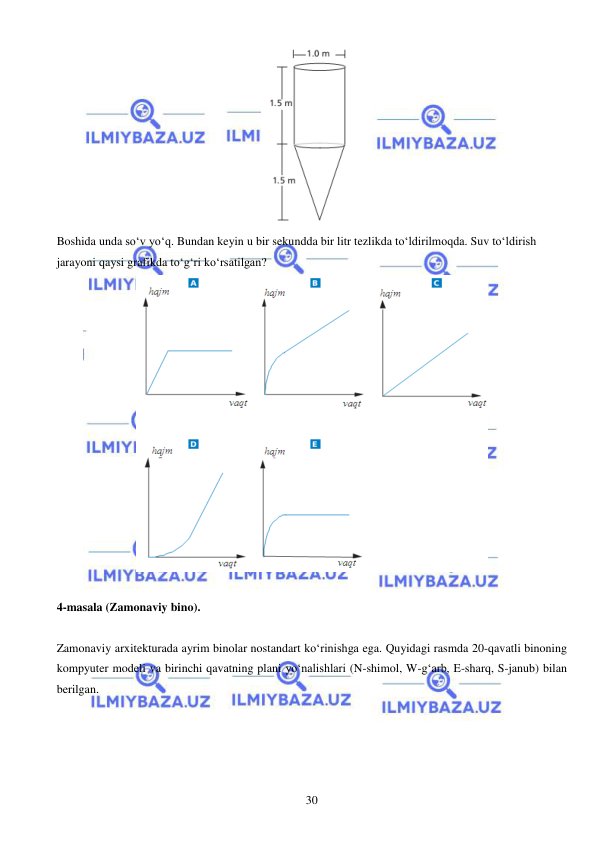  
 
30 
 
Boshida unda so‘v yo‘q. Bundan keyin u bir sekundda bir litr tezlikda to‘ldirilmoqda. Suv to‘ldirish 
jarayoni qaysi grafikda to‘g‘ri ko‘rsatilgan? 
 
 
4-masala (Zamonaviy bino). 
 
Zamonaviy arxitekturada ayrim binolar nostandart ko‘rinishga ega. Quyidagi rasmda 20-qavatli binoning 
kompyuter modeli va birinchi qavatning plani yo‘nalishlari (N-shimol, W-g‘arb, E-sharq, S-janub) bilan 
berilgan.  
