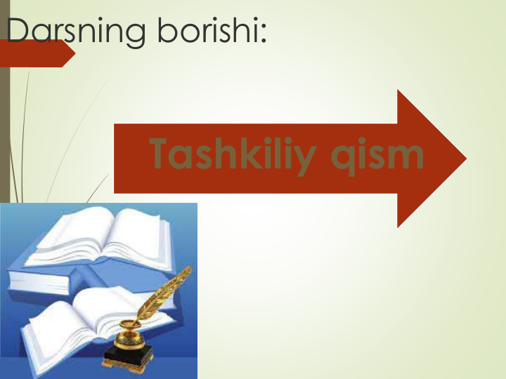 Darsning borishi:
Tashkiliy qism
