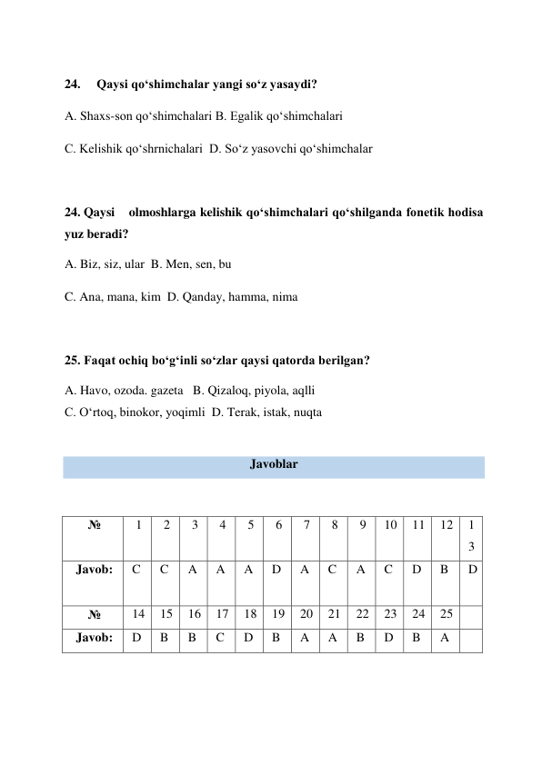  
24. 
Qaysi qo‘shimchalar yangi so‘z yasaydi?  
A. Shaxs-son qo‘shimchalari B. Egalik qo‘shimchalari  
C. Kelishik qo‘shrnichalari  D. So‘z yasovchi qo‘shimchalar  
 
24. Qaysi  olmoshlarga kelishik qo‘shimchalari qo‘shilganda fonetik hodisa 
yuz beradi?  
A. Biz, siz, ular  B. Men, sen, bu  
C. Ana, mana, kim  D. Qanday, hamma, nima  
 
25. Faqat ochiq bo‘g‘inli so‘zlar qaysi qatorda berilgan?  
A. Havo, ozoda. gazeta   B. Qizaloq, piyola, aqlli  
C. O‘rtoq, binokor, yoqimli  D. Terak, istak, nuqta  
  
Javoblar 
 
№  
1  
2  
3  
4  
5  
6  
7  
8  
9  
10  11  12  1
3  
Javob:  
C  
C  
A  
A  
A  
D  
A  
C  
A  
C  
D  
B  
D
  
№  
14  15  16  17  18  19  20  21  22  23  24  25  
  
Javob:  
D  
B  
B  
C  
D  
B  
A  
A  
B  
D  
B  
A  
  
 
 
