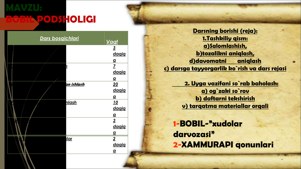 MAVZU:
BOBIL PODSHOLIGI
Dars bosqichlari
Vaqt
Tashkiliy qism.
3 
daqiq
a
O’tigan mavzuni takrorlash
7 
daqiq
a
Yangi mavzuni guruhlar bilan ishlash
20 
daqiq
a
Yangi mavzuni mustahkamlash
10 
daqiq
a
Baholash
3 
daqiq
a
Uyga beriladigan topshiriqlar
2 
daqiq
a
1-BOBIL-”xudolar 
darvozasi”
2-XAMMURAPI qonunlari
Darsning borishi (reja):
1.Tashkiliy qism: 
a)Salomlashish, 
b)tozalikni aniqlash, 
d)davomatni       aniqlash 
c) darsga tayyorgarlik ko`rish va dars rejasi
2. Uyga vazifani so`rab baholash: 
a) og`zaki so`rov 
b) daftarni tekshirish
v) tarqatma materiallar orqali 
