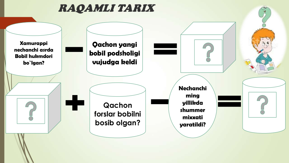 RAQAMLI TARIX
Xamurappi
nechanchi asrda
Bobil hukmdori
bo`lgan?
Qachon yangi
bobil podsholigi
vujudga keldi
Qachon
forslar bobilni
bosib olgan?
Nechanchi
ming
yillikda
shummer
mixxati
yaratildi?
