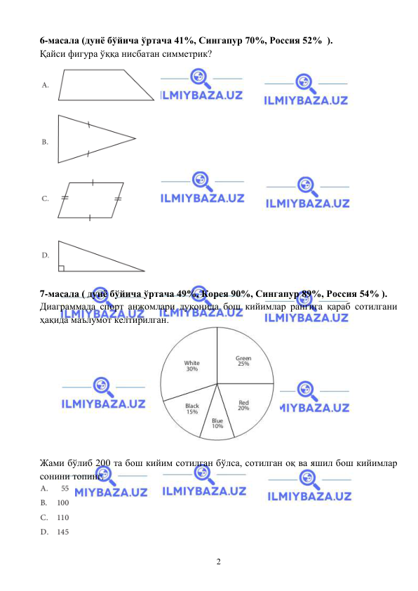  
 
2 
6-масала (дунё бўйича ўртача 41%, Сингапур 70%, Россия 52%  ).  
Қайси фигура ўққа нисбатан симметрик? 
 
 
7-масала ( дунё бўйича ўртача 49%, Корея 90%, Сингапур 89%, Россия 54% ).  
Диаграммада спорт анжомлари дуконида бош кийимлар рангига қараб сотилгани 
ҳақида маълумот келтирилган.  
 
 
Жами бўлиб 200 та бош кийим сотилган бўлса, сотилган оқ ва яшил бош кийимлар 
сонини топинг.  
 
 
