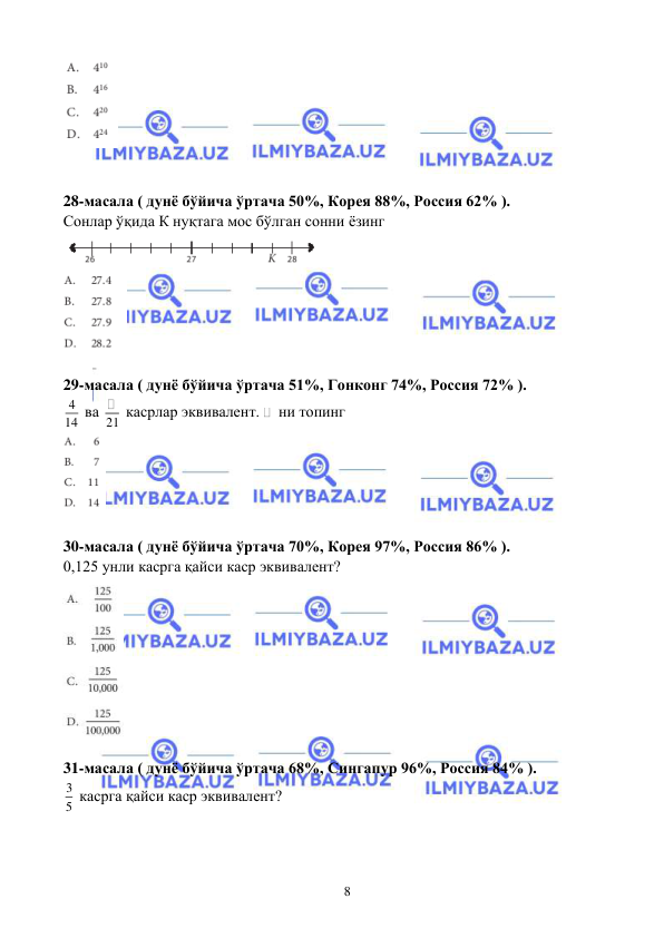  
 
8 
 
 
 
28-масала ( дунё бўйича ўртача 50%, Корея 88%, Россия 62% ). 
Сонлар ўқида К нуқтага мос бўлган сонни ёзинг 
 
 
 
29-масала ( дунё бўйича ўртача 51%, Гонконг 74%, Россия 72% ). 
4
14  ва 21  касрлар эквивалент.  ни топинг 
 
 
30-масала ( дунё бўйича ўртача 70%, Корея 97%, Россия 86% ). 
0,125 унли касрга қайси каср эквивалент? 
 
 
31-масала ( дунё бўйича ўртача 68%, Сингапур 96%, Россия 84% ). 
3
5  касрга қайси каср эквивалент? 
