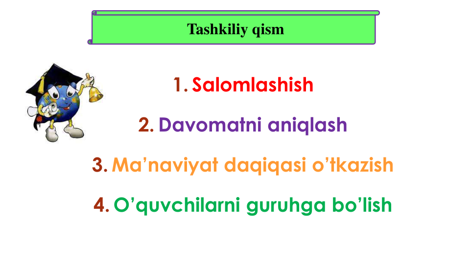 1. Salomlashish 
2. Davomatni aniqlash
3. Ma’naviyat daqiqasi o’tkazish
4. O’quvchilarni guruhga bo’lish
Tashkiliy qism
