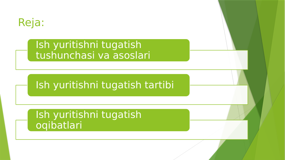 Reja:
Ish yuritishni tugatish 
tushunchasi va asoslari
Ish yuritishni tugatish tartibi
Ish yuritishni tugatish 
oqibatlari
