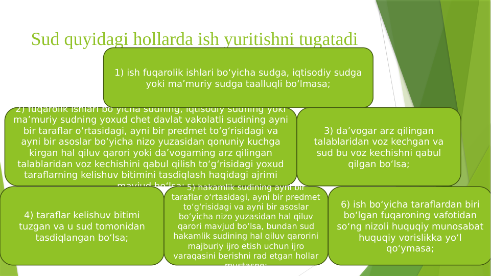 Sud quyidagi hollarda ish yuritishni tugatadi 
2) fuqarolik ishlari bo‘yicha sudning, iqtisodiy sudning yoki 
ma’muriy sudning yoxud chet davlat vakolatli sudining ayni 
bir taraflar o‘rtasidagi, ayni bir predmet to‘g‘risidagi va 
ayni bir asoslar bo‘yicha nizo yuzasidan qonuniy kuchga 
kirgan hal qiluv qarori yoki da’vogarning arz qilingan 
talablaridan voz kechishini qabul qilish to‘g‘risidagi yoxud 
taraflarning kelishuv bitimini tasdiqlash haqidagi ajrimi 
mavjud bo‘lsa;
3) da’vogar arz qilingan 
talablaridan voz kechgan va 
sud bu voz kechishni qabul 
qilgan bo‘lsa;
4) taraflar kelishuv bitimi 
tuzgan va u sud tomonidan 
tasdiqlangan bo‘lsa;
5) hakamlik sudining ayni bir 
taraflar o‘rtasidagi, ayni bir predmet 
to‘g‘risidagi va ayni bir asoslar 
bo‘yicha nizo yuzasidan hal qiluv 
qarori mavjud bo‘lsa, bundan sud 
hakamlik sudining hal qiluv qarorini 
majburiy ijro etish uchun ijro 
varaqasini berishni rad etgan hollar 
mustasno;
6) ish bo‘yicha taraflardan biri 
bo‘lgan fuqaroning vafotidan 
so‘ng nizoli huquqiy munosabat 
huquqiy vorislikka yo‘l 
qo‘ymasa;
1) ish fuqarolik ishlari bo‘yicha sudga, iqtisodiy sudga 
yoki ma’muriy sudga taalluqli bo‘lmasa;

