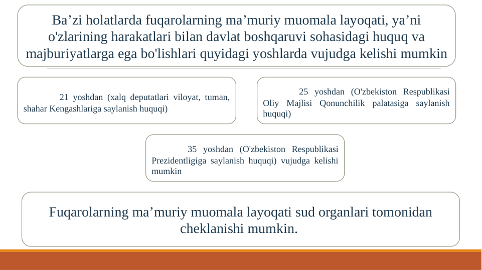 Ba’zi holatlarda fuqarolarning ma’muriy muomala layoqati, ya’ni 
o'zlarining harakatlari bilan davlat boshqaruvi sohasidagi huquq va 
majburiyatlarga ega bo'lishlari quyidagi yoshlarda vujudga kelishi mumkin
21 yoshdan (xalq deputatlari viloyat, tuman, 
shahar Kengashlariga saylanish huquqi)
35 yoshdan (O'zbekiston Respublikasi 
Prezidentligiga saylanish huquqi) vujudga kelishi 
mumkin
25 yoshdan (O'zbekiston Respublikasi 
Oliy Majlisi Qonunchilik palatasiga saylanish 
huquqi)
Fuqarolarning ma’muriy muomala layoqati sud organlari tomonidan 
cheklanishi mumkin. 
