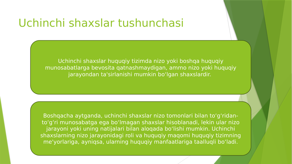 Uchinchi shaxslar tushunchasi
Uchinchi shaxslar huquqiy tizimda nizo yoki boshqa huquqiy 
munosabatlarga bevosita qatnashmaydigan, ammo nizo yoki huquqiy 
jarayondan ta'sirlanishi mumkin bo‘lgan shaxslardir. 
Boshqacha aytganda, uchinchi shaxslar nizo tomonlari bilan to‘g‘ridan-
to‘g‘ri munosabatga ega bo‘lmagan shaxslar hisoblanadi, lekin ular nizo 
jarayoni yoki uning natijalari bilan aloqada bo‘lishi mumkin. Uchinchi 
shaxslarning nizo jarayonidagi roli va huquqiy maqomi huquqiy tizimning 
me'yorlariga, ayniqsa, ularning huquqiy manfaatlariga taalluqli bo‘ladi.
