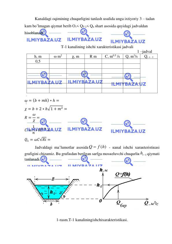  
 
Kanaldagi oqimining chuqurligini tanlash usulida unga ixtiyoriy 3 – tadan 
kam bo’lmagan qiymat berib O1< QT-2< Qn shart asosida quyidagi jadvaldan 
hisoblanadi. 
 
T-1 kanalining ishchi xarakteristikasi jadvali 
                                                                                              1 –jadval 
h, m 
ω m2 
χ, m 
R m 
C, m0.5 /s 
Q, m3/s 
Q, t - 1 
0,5 
 
 
 
 
 
 
 
 
 
 
 
 
 
 
 
 
 
 
 
 
 
 
 
 
 
 
 
 
 
 
 
 
 
 
 
 
 
 
 
 
 
 
 
 
 
 
 
 
𝜔 = (𝑏 + 𝑚ℎ) ∗ ℎ = 
𝜒 = 𝑏 + 2 ∗ ℎ√1 + 𝑚2 = 
𝑅 = 𝜔
𝜒 = 
𝐶 = 1
𝑛 ∗ 𝑅1 6
⁄ = 
𝑄1 = 𝜔𝐶√𝑅𝑖 = 
Jаdvаldаgi mа’lumоtlаr аsоsidа
Q  f (h)
 - каnаl ishchi хаrакtеristiкаsi 
grаfigini chizаmiz. Bu grаfiкdаn bеrilgаn sаrfgа mоsкеluvchi chuqurliк
th 1
qiymаti 
tаnlаnаdi. 
 
 
 
 
 
 
 
 
 
 
 
 
1-rasm.T-1 kanaliningishchixarakteristikasi. 
