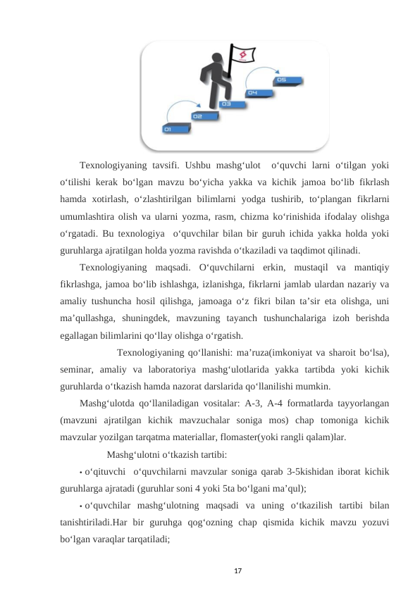  
Texnologiyaning tavsifi. Ushbu  mashg‘ulot   o‘quvchi  larni  o‘tilgan yoki
o‘tilishi kerak bo‘lgan mavzu bo‘yicha yakka va kichik jamoa bo‘lib fikrlash
hamda  xotirlash,  o‘zlashtirilgan  bilimlarni  yodga  tushirib,  to‘plangan  fikrlarni
umumlashtira olish va ularni yozma, rasm, chizma ko‘rinishida ifodalay olishga
o‘rgatadi. Bu texnologiya  o‘quvchilar bilan bir guruh ichida yakka holda yoki
guruhlarga ajratilgan holda yozma ravishda o‘tkaziladi va taqdimot qilinadi. 
Texnologiyaning  maqsadi.  O‘quvchilarni  erkin,  mustaqil  va  mantiqiy
fikrlashga, jamoa bo‘lib ishlashga, izlanishga, fikrlarni jamlab ulardan nazariy va
amaliy tushuncha hosil qilishga, jamoaga o‘z fikri bilan ta’sir eta olishga, uni
ma’qullashga,  shuningdek,  mavzuning  tayanch  tushunchalariga  izoh  berishda
egallagan bilimlarini qo‘llay olishga o‘rgatish. 
          Texnologiyaning qo‘llanishi: ma’ruza(imkoniyat va sharoit bo‘lsa),
seminar,  amaliy  va  laboratoriya  mashg‘ulotlarida  yakka  tartibda  yoki  kichik
guruhlarda o‘tkazish hamda nazorat darslarida qo‘llanilishi mumkin. 
Mashg‘ulotda qo‘llaniladigan vositalar: A-3, A-4 formatlarda tayyorlangan
(mavzuni  ajratilgan  kichik  mavzuchalar  soniga  mos)  chap  tomoniga  kichik
mavzular yozilgan tarqatma materiallar, flomaster(yoki rangli qalam)lar. 
           Mashg‘ulotni o‘tkazish tartibi: 
• o‘qituvchi  o‘quvchilarni mavzular soniga qarab 3-5kishidan iborat kichik
guruhlarga ajratadi (guruhlar soni 4 yoki 5ta bo‘lgani ma’qul); 
• o‘quvchilar  mashg‘ulotning  maqsadi  va  uning  o‘tkazilish  tartibi  bilan
tanishtiriladi.Har  bir  guruhga  qog‘ozning  chap  qismida  kichik  mavzu  yozuvi
bo‘lgan varaqlar tarqatiladi; 
17
