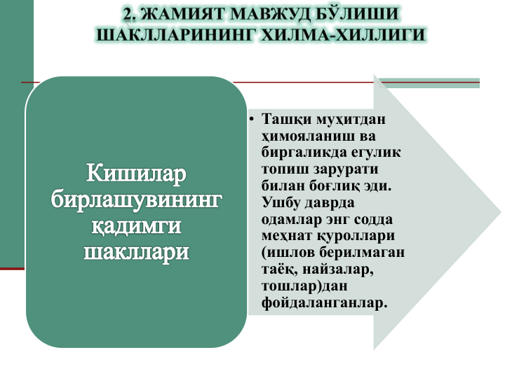 • Ташқи муҳитдан 
ҳимояланиш ва 
биргаликда егулик 
топиш зарурати 
билан боғлиқ эди. 
Ушбу даврда 
одамлар энг содда 
меҳнат қуроллари 
(ишлов берилмаган 
таёқ, найзалар, 
тошлар)дан 
фойдаланганлар.
