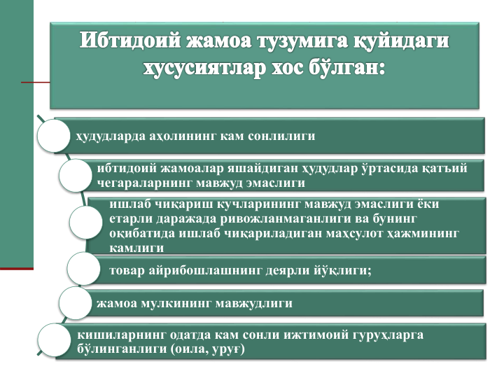 ҳудудларда аҳолининг кам сонлилиги
ибтидоий жамоалар яшайдиган ҳудудлар ўртасида қатъий 
чегараларнинг мавжуд эмаслиги
ишлаб чиқариш кучларининг мавжуд эмаслиги ёки 
етарли даражада ривожланмаганлиги ва бунинг 
оқибатида ишлаб чиқариладиган маҳсулот ҳажмининг 
камлиги
товар айрибошлашнинг деярли йўқлиги;
жамоа мулкининг мавжудлиги
кишиларнинг одатда кам сонли ижтимоий гуруҳларга 
бўлинганлиги (оила, уруғ)
