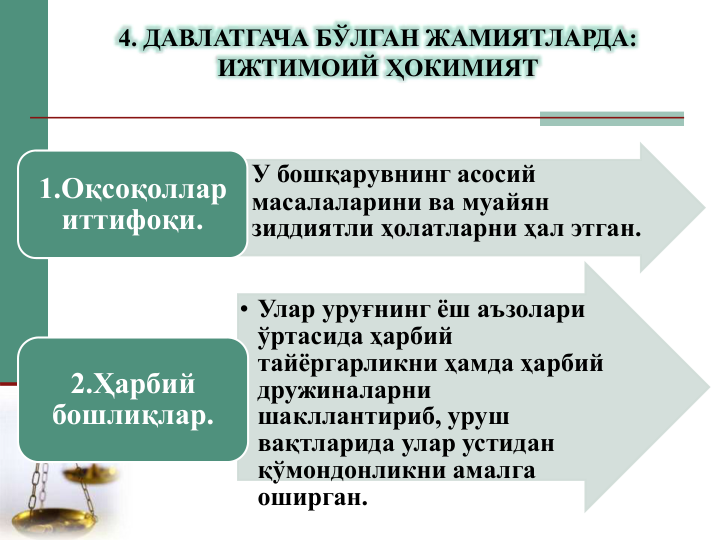• У бошқарувнинг асосий 
масалаларини ва муайян 
зиддиятли ҳолатларни ҳал этган.
1.Оқсоқоллар 
иттифоқи.
• Улар уруғнинг ёш аъзолари 
ўртасида ҳарбий 
тайёргарликни ҳамда ҳарбий 
дружиналарни 
шакллантириб, уруш 
вақтларида улар устидан 
қўмондонликни амалга 
оширган.
2.Ҳарбий 
бошлиқлар.
4. ДАВЛАТГАЧА БЎЛГАН ЖАМИЯТЛАРДА: 
ИЖТИМОИЙ ҲОКИМИЯТ
