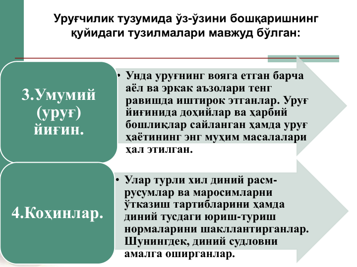 • Унда уруғнинг вояга етган барча 
аёл ва эркак аъзолари тенг 
равишда иштирок этганлар. Уруғ 
йиғинида доҳийлар ва ҳарбий 
бошлиқлар сайланган ҳамда уруғ 
ҳаётининг энг муҳим масалалари 
ҳал этилган.
3.Умумий 
(уруғ) 
йиғин.
• Улар турли хил диний расм-
русумлар ва маросимларни 
ўтказиш тартибларини ҳамда 
диний тусдаги юриш-туриш 
нормаларини шакллантирганлар. 
Шунингдек, диний судловни 
амалга оширганлар.
4.Коҳинлар.
Уруғчилик тузумида ўз-ўзини бошқаришнинг 
қуйидаги тузилмалари мавжуд бўлган:
