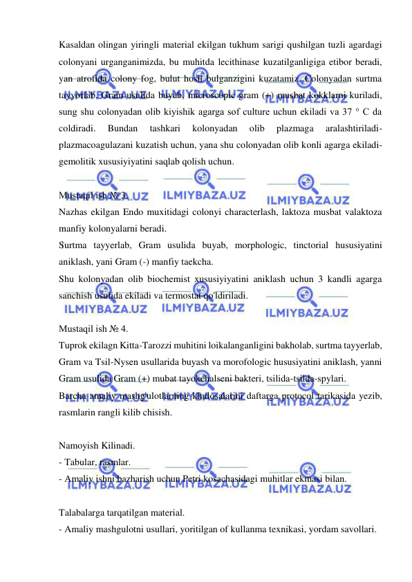  
 
Kasaldan olingan yiringli material ekilgan tukhum sarigi qushilgan tuzli agardagi 
colonyani urganganimizda, bu muhitda lecithinase kuzatilganligiga etibor beradi, 
yan atrofida colony fog, bulut hosil bulganzigini kuzatamiz. Colonyadan surtma 
tayyorlab, Gram usulida buyab, microscopic gram (+) musbat kokklarni kuriladi, 
sung shu colonyadan olib kiyishik agarga sof culture uchun ekiladi va 37 ° C da 
coldiradi. 
Bundan 
tashkari 
kolonyadan 
olib 
plazmaga 
aralashtiriladi-
plazmacoagulazani kuzatish uchun, yana shu colonyadan olib konli agarga ekiladi-
gemolitik xususiyiyatini saqlab qolish uchun. 
 
Mustaqil ish № 3. 
Nazhas ekilgan Endo muxitidagi colonyi characterlash, laktoza musbat valaktoza 
manfiy kolonyalarni beradi. 
Surtma tayyerlab, Gram usulida buyab, morphologic, tinctorial hususiyatini 
aniklash, yani Gram (-) manfiy taekcha. 
Shu kolonyadan olib biochemist xususiyiyatini aniklash uchun 3 kandli agarga 
sanchish usulida ekiladi va termostat qo'ldiriladi. 
 
Mustaqil ish № 4. 
Tuprok ekilagn Kitta-Tarozzi muhitini loikalanganligini bakholab, surtma tayyerlab, 
Gram va Tsil-Nysen usullarida buyash va morofologic hususiyatini aniklash, yanni 
Gram usulida Gram (+) mubat tayokchalseni bakteri, tsilida-tsilda-spylari. 
Barcha amaliy mashg'ulotlarning khulosalarini daftarga protocol tarikasida yezib, 
rasmlarin rangli kilib chisish. 
 
Namoyish Kilinadi. 
- Tabular, rasmlar. 
- Amaliy ishni bazharish uchun Petri kosachasidagi muhitlar ekmasi bilan. 
 
Talabalarga tarqatilgan material. 
- Amaliy mashgulotni usullari, yoritilgan of kullanma texnikasi, yordam savollari. 
