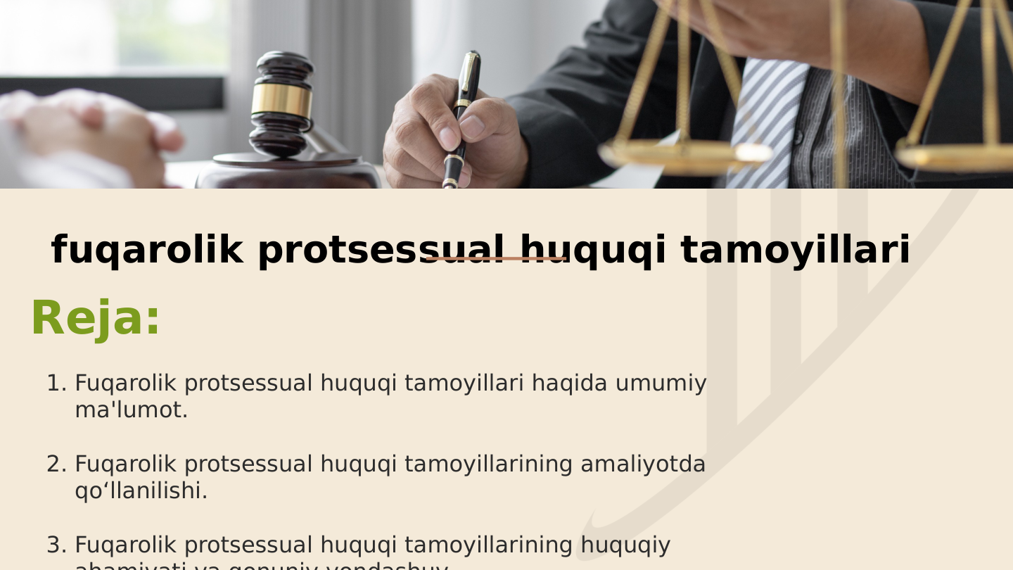 fuqarolik protsessual huquqi tamoyillari
Reja:
1. Fuqarolik protsessual huquqi tamoyillari haqida umumiy 
ma'lumot.
2. Fuqarolik protsessual huquqi tamoyillarining amaliyotda 
qo‘llanilishi.
3. Fuqarolik protsessual huquqi tamoyillarining huquqiy 
ahamiyati va qonuniy yondashuv
