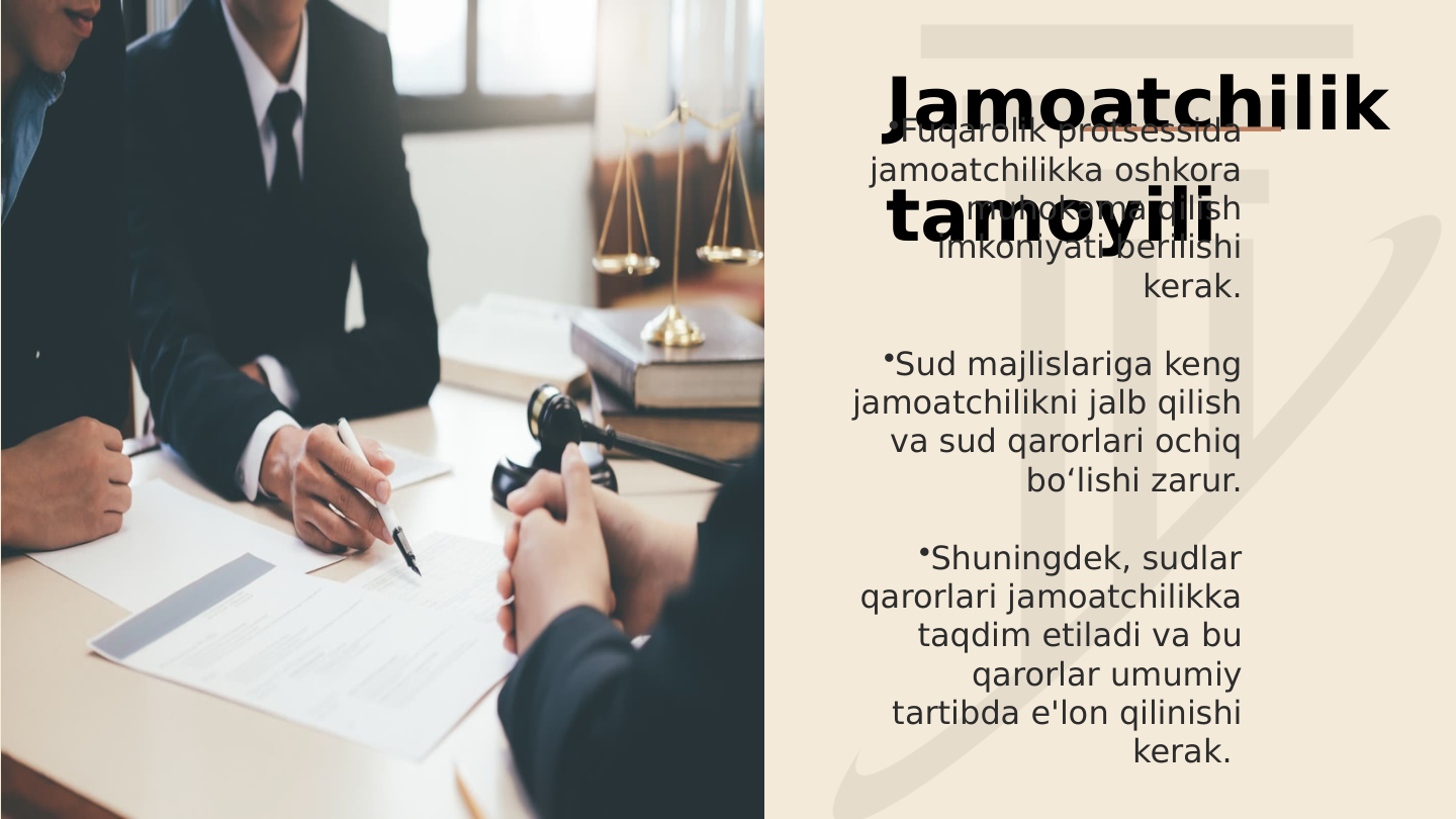 Jamoatchilik 
tamoyili
•Fuqarolik protsessida 
jamoatchilikka oshkora 
muhokama qilish 
imkoniyati berilishi 
kerak.
•Sud majlislariga keng 
jamoatchilikni jalb qilish 
va sud qarorlari ochiq 
bo‘lishi zarur.
•Shuningdek, sudlar 
qarorlari jamoatchilikka 
taqdim etiladi va bu 
qarorlar umumiy 
tartibda e'lon qilinishi 
kerak. 
