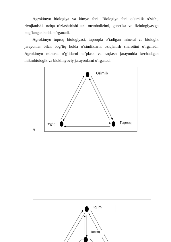Agrokimyo  biologiya  va  kimyo  fani.  Biologiya  fani  o’simlik  o’sishi,
rivojlanishi,  oziqa  o’zlashtirishi  uni  metobolizimi,  genetika  va  fiziologiyasiga
bog’langan holda o’rganadi.
Agrokimyo  tuproq  biologiyasi,  tuproqda  o’tadigan  mineral  va  biologik
jarayonlar  bilan  bog’liq  holda  o’simliklarni  oziqlanish  sharoitini  o’rganadi.
Agrokimyo  mineral  o’g’itlarni  to’plash  va  saqlash  jarayonida  kechadigan
mikrobiologik va biokimyoviy jarayonlarni o’rganadi.
A
Osimlik
O’g’it
Tuproq
Tuproq
Iqlim
