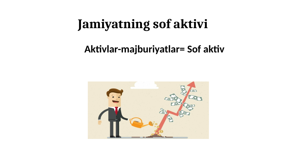 Jamiyatning sof aktivi
Aktivlar-majburiyatlar= Sof aktiv
