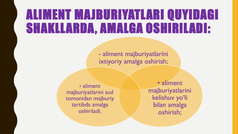 ALIMENT MAJBURIYATLARI QUYIDAGI
SHAKLLARDA, AMALGA OSHIRILADI:
• aliment majburiyatlarini
ixtiyoriy amalga oshirish;
• aliment 
majburiyatlarini
kelishuv yo‘li
bilan amalga
oshirish;
• aliment 
majburiyatlarini sud
tomonidan majburiy
tartibda amalga
oshiriladi.
