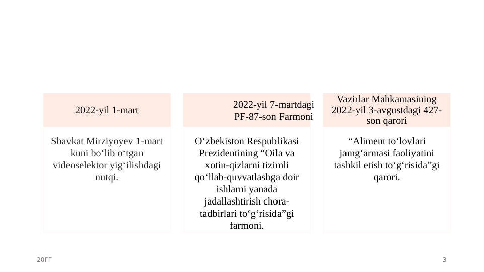 2022-yil 1-mart
Shavkat Mirziyoyev 1-mart 
kuni bo‘lib o‘tgan 
videoselektor yig‘ilishdagi 
nutqi.
2022-yil 7-martdagi
 PF-87-son Farmoni 
O‘zbekiston Respublikasi 
Prezidentining “Oila va 
xotin-qizlarni tizimli 
qo‘llab-quvvatlashga doir 
ishlarni yanada 
jadallashtirish chora-
tadbirlari to‘g‘risida”gi 
farmoni.
Vazirlar Mahkamasining 
2022-yil 3-avgustdagi 427-
son qarori
“Aliment to‘lovlari 
jamg‘armasi faoliyatini 
tashkil etish to‘g‘risida”gi 
qarori.
20ГГ
3
