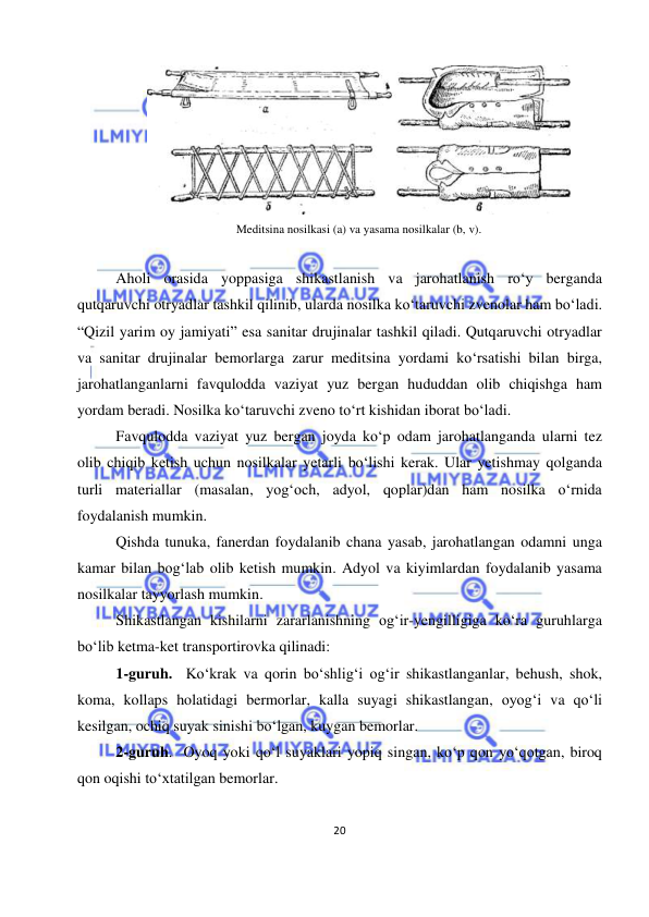  
20 
 
 
Meditsina nosilkasi (a) va yasama nosilkalar (b, v). 
 
Aholi orasida yoppasiga shikastlanish va jarohatlanish ro‘y berganda 
qutqaruvchi otryadlar tashkil qilinib, ularda nosilka ko‘taruvchi zvenolar ham bo‘ladi. 
“Qizil yarim oy jamiyati” esa sanitar drujinalar tashkil qiladi. Qutqaruvchi otryadlar 
va sanitar drujinalar bemorlarga zarur meditsina yordami ko‘rsatishi bilan birga, 
jarohatlanganlarni favqulodda vaziyat yuz bergan hududdan olib chiqishga ham 
yordam beradi. Nosilka ko‘taruvchi zveno to‘rt kishidan iborat bo‘ladi.  
Favqulodda vaziyat yuz bergan joyda ko‘p odam jarohatlanganda ularni tez 
olib chiqib ketish uchun nosilkalar yetarli bo‘lishi kerak. Ular yetishmay qolganda 
turli materiallar (masalan, yog‘och, adyol, qoplar)dan ham nosilka o‘rnida 
foydalanish mumkin.  
Qishda tunuka, fanerdan foydalanib chana yasab, jarohatlangan odamni unga 
kamar bilan bog‘lab olib ketish mumkin. Adyol va kiyimlardan foydalanib yasama 
nosilkalar tayyorlash mumkin. 
Shikastlangan kishilarni zararlanishning og‘ir-yengilligiga ko‘ra guruhlarga 
bo‘lib ketma-ket transportirovka qilinadi: 
1-guruh.  Ko‘krak va qorin bo‘shlig‘i og‘ir shikastlanganlar, behush, shok, 
koma, kollaps holatidagi bermorlar, kalla suyagi shikastlangan, oyog‘i va qo‘li 
kesilgan, ochiq suyak sinishi bo‘lgan, kuygan bemorlar. 
2-guruh.  Oyoq yoki qo‘l suyaklari yopiq singan, ko‘p qon yo‘qotgan, biroq 
qon oqishi to‘xtatilgan bemorlar. 

