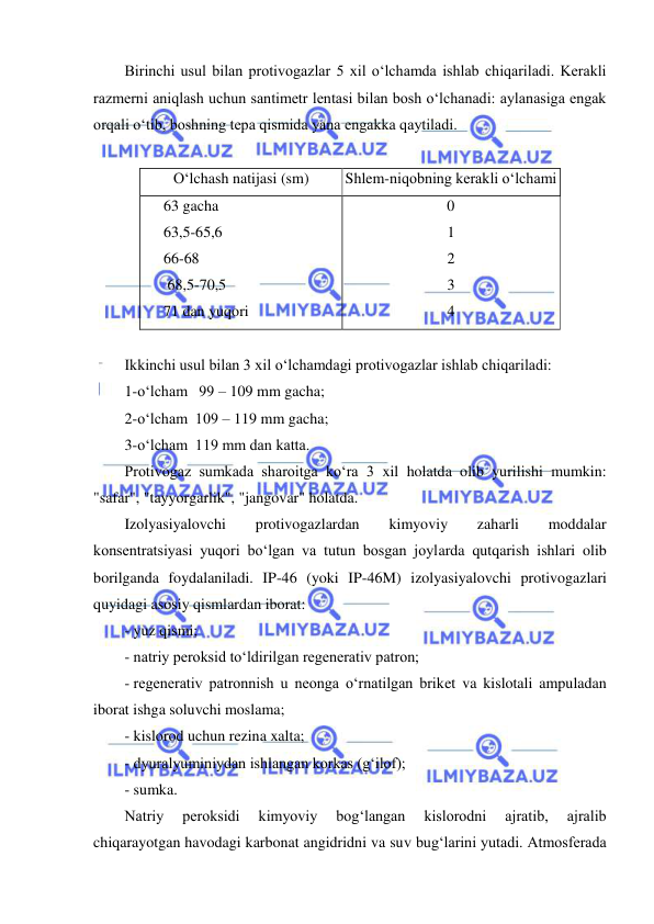  
 
Birinchi usul bilan protivogazlar 5 xil o‘lchamda ishlab chiqariladi. Kerakli 
razmerni aniqlash uchun santimetr lentasi bilan bosh o‘lchanadi: aylanasiga engak 
orqali o‘tib, boshning tepa qismida yana engakka qaytiladi.  
 
O‘lchash natijasi (sm) 
Shlem-niqobning kerakli o‘lchami 
63 gacha  
63,5-65,6  
66-68 
 68,5-70,5  
71 dan yuqori 
0 
1 
2 
3 
4 
 
Ikkinchi usul bilan 3 xil o‘lchamdagi protivogazlar ishlab chiqariladi: 
1-o‘lcham   99 – 109 mm gacha; 
2-o‘lcham  109 – 119 mm gacha; 
3-o‘lcham  119 mm dan katta. 
Protivogaz sumkada sharoitga ko‘ra 3 xil holatda olib yurilishi mumkin: 
"safar", "tayyorgarlik", "jangovar" holatda. 
Izolyasiyalovchi 
protivogazlardan 
kimyoviy 
zaharli 
moddalar 
konsentratsiyasi yuqori bo‘lgan va tutun bosgan joylarda qutqarish ishlari olib 
borilganda foydalaniladi. IP-46 (yoki IP-46M) izolyasiyalovchi protivogazlari 
quyidagi asosiy qismlardan iborat:  
- yuz qismi; 
- natriy peroksid to‘ldirilgan regenerativ patron; 
- regenerativ patronnish u neonga o‘rnatilgan briket va kislotali ampuladan 
iborat ishga soluvchi moslama; 
- kislorod uchun rezina xalta; 
- dyuralyuminiydan ishlangan korkas (g‘ilof); 
- sumka. 
Natriy 
peroksidi 
kimyoviy 
bog‘langan 
kislorodni 
ajratib, 
ajralib 
chiqarayotgan havodagi karbonat angidridni va suv bug‘larini yutadi. Atmosferada 
