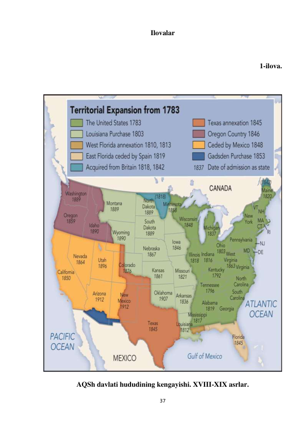 37 
 
Ilovalar 
       
   1-ilova. 
 
 
AQSh davlati hududining kengayishi. XVIII-XIX asrlar. 
