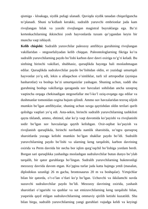 qismiga - kloakaga, siydik pufagi ulanadi. Quviqda siydik tanadan chiqarilguncha
to’planadi.  Shuni  ta’kidlash  kerakki,  sudralib  yuruvchi  embrionlar  juda  kam
rivojlangan  bilak  va  yaxshi  rivojlangan  magistral  buyraklarga  ega.  Ba’zi
kertenkachilarning  ikkinchisi  yosh  hayvonlarda  tuxum  qo’ygandan  keyin  bir
muncha vaqt ishlaydi.
Kelib chiqishi:  Sudralib yuruvchilar paleozoy amfibiya guruhining rivojlangan
vakillaridan  -  stegosefaliyadan  kelib chiqqan.  Paleontologlarning fikriga  ko’ra
sudralib yuruvchilarning paydo bo’lishi karbon davr davri oxiriga to’g’ri keladi. Bu
sinfning  birinchi  vakillari,  shubhasiz,  quruqlikda  hayotga  hali  moslashmagan
edilar. Quruqlikda sudraluvchilar paydo bo’lishidan oldin, er yuzidagi umurtqali
hayvonlar yo’q edi, lekin u allaqachon o’simliklar, turli xil artropodlar (ayniqsa
hasharotlar) va boshqa ba’zi umurtqasizlar yashagan. Shuning uchun, xuddi shu
guruhning boshqa vakillariga qaraganda suv havzalari sohilidan ancha uzoqroq
vaqtincha orqaga chekinadigan stegosefallar mo’l-ko’l oziq-ovqatga ega edilar va
dushmanlar tomonidan ozgina hujum qilindi. Ammo suv havzalaridan tezroq siljish
mumkin bo’lgan amfibiyalar, shuning uchun suvga qaytishdan oldin terilari qurib
qolishga vaqtlari yo’q edi. Asta-sekin, birinchi sudralib yuruvchilarning tashkiloti
qayta tiklandi, ammo, ehtimol, ular ko’p vaqt davomida ko’payishi va rivojlanishi
sodir  bo’lgan  suv  havzalariga  qaytib  kelishgan.  Oxir-oqibat  ko’payish  va
rivojlanish  quruqlikda,  birinchi  navbatda  namlik  sharoitida,  so’ngra  quruqroq
sharoitlarda  yuzaga  kelishi  mumkin  bo’lgan  shakllar  paydo  bo’ldi.  Sudralib
yuruvchilarning  paydo  bo’lishi  va  ularning  keng  tarqalishi,  karbon  davrining
oxirida va Perm davrida bir necha bor iqlim qurg’oqchil bo’lishiga yordam berdi.
Borgan sari quruqlikka yashashga moslashgan sudraluvchilar butun dunyo bo’ylab
tarqalib,  bir  qator  guruhlarga  bo’lingan.  Sudralib  yuruvchilarning  hukmronligi
mezozoy davrida davom etgan. Ko’pgina turlar juda katta hajmga yetdi (masalan,
diplodokus uzunligi 26 m gacha, brontosaurus 20 m va boshqalar). Yirtqichlar
bilan bir qatorda, o’t-o’lan o’tlari ko’p bo’lgan. Uchuvchi va ikkilamchi suvda
suzuvchi  sudraluvchilar  paydo  bo’ldi.  Mezozoy  davrining  oxirida,  yashash
sharoitlari o’zgarishi va qushlar va sut emizuvchilarning keng tarqalishi bilan,
yuqorida qayd etilgan sudraluvchilarning ommaviy qirilib ketishi kuzatildi. Shu
bilan birga, sudralib yuruvchilarning yangi guruhlari vujudga keldi va keyingi
