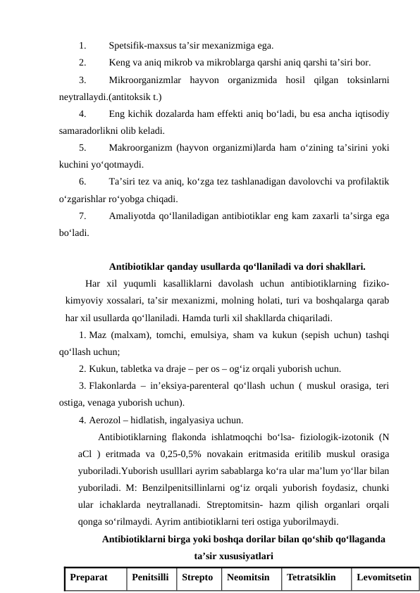 1.
Spetsifik-maxsus ta’sir mexanizmiga ega. 
2.
Keng va aniq mikrob va mikroblarga qarshi aniq qarshi ta’siri bor. 
3.
Mikroorganizmlar  hayvon  organizmida  hosil  qilgan  toksinlarni
neytrallaydi.(antitoksik t.) 
4.
Eng kichik dozalarda ham effekti aniq bo‘ladi, bu esa ancha iqtisodiy
samaradorlikni olib keladi.
5.
Makroorganizm (hayvon organizmi)larda ham o‘zining ta’sirini yoki
kuchini yo‘qotmaydi. 
6.
Ta’siri tez va aniq, ko‘zga tez tashlanadigan davolovchi va profilaktik
o‘zgarishlar ro‘yobga chiqadi.
7.
Amaliyotda qo‘llaniladigan antibiotiklar eng kam zaxarli ta’sirga ega
bo‘ladi.
Antibiotiklar qanday usullarda qo‘llaniladi va dori shakllari. 
Har  xil  yuqumli  kasalliklarni  davolash  uchun  antibiotiklarning  fiziko-
kimyoviy xossalari, ta’sir mexanizmi, molning holati, turi va boshqalarga qarab
har xil usullarda qo‘llaniladi. Hamda turli xil shakllarda chiqariladi.
1. Maz (malxam), tomchi, emulsiya, sham va kukun (sepish uchun) tashqi
qo‘llash uchun; 
2. Kukun, tabletka va draje – per os – og‘iz orqali yuborish uchun. 
3. Flakonlarda – in’eksiya-parenteral qo‘llash uchun ( muskul orasiga, teri
ostiga, venaga yuborish uchun). 
4. Aerozol – hidlatish, ingalyasiya uchun. 
Antibiotiklarning flakonda ishlatmoqchi bo‘lsa- fiziologik-izotonik (N
aCl  ) eritmada va 0,25-0,5%  novakain eritmasida eritilib muskul  orasiga
yuboriladi.Yuborish usulllari ayrim sabablarga ko‘ra ular ma’lum yo‘llar bilan
yuboriladi. M: Benzilpenitsillinlarni og‘iz orqali yuborish foydasiz, chunki
ular  ichaklarda  neytrallanadi.  Streptomitsin-  hazm  qilish  organlari  orqali
qonga so‘rilmaydi. Ayrim antibiotiklarni teri ostiga yuborilmaydi.
Antibiotiklarni birga yoki boshqa dorilar bilan qo‘shib qo‘llaganda
ta’sir xususiyatlari
Preparat
Penitsilli
Strepto
Neomitsin
Tetratsiklin 
Levomitsetin 

