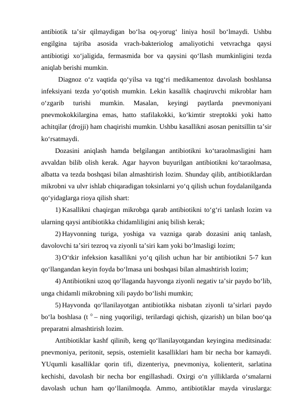 antibiotik  ta’sir  qilmaydigan  bo‘lsa  oq-yorug‘  liniya  hosil  bo‘lmaydi.  Ushbu
engilgina  tajriba  asosida  vrach-bakteriolog  amaliyotichi  vetvrachga  qaysi
antibiotigi xo‘jaligida, fermasmida bor va qaysini qo‘llash mumkinligini tezda
aniqlab berishi mumkin.
 Diagnoz o‘z vaqtida qo‘yilsa va tqg‘ri medikamentoz davolash boshlansa
infeksiyani tezda yo‘qotish mumkin. Lekin kasallik chaqiruvchi mikroblar ham
o‘zgarib  turishi  mumkin.  Masalan,  keyingi  paytlarda  pnevmoniyani
pnevmokokkilargina  emas,  hatto  stafilakokki,  ko‘kimtir  streptokki  yoki  hatto
achitqilar (drojji) ham chaqirishi mumkin. Ushbu kasallikni asosan penitsillin ta’sir
ko‘rsatmaydi. 
Dozasini  aniqlash  hamda  belgilangan  antibiotikni  ko‘taraolmasligini  ham
avvaldan bilib olish kerak. Agar hayvon buyurilgan antibiotikni ko‘taraolmasa,
albatta va tezda boshqasi bilan almashtirish lozim. Shunday qilib, antibiotiklardan
mikrobni va ulvr ishlab chiqaradigan toksinlarni yo‘q qilish uchun foydalanilganda
qo‘yidaglarga rioya qilish shart: 
1) Kasallikni chaqirgan mikrobga qarab antibiotikni to‘g‘ri tanlash lozim va
ularning qaysi antibiotikka chidamliligini aniq bilish kerak; 
2) Hayvonning  turiga,  yoshiga  va  vazniga  qarab  dozasini  aniq  tanlash,
davolovchi ta’siri tezroq va ziyonli ta’siri kam yoki bo‘lmasligi lozim; 
3) O‘tkir infeksion kasallikni yo‘q qilish uchun har bir antibiotikni 5-7 kun
qo‘llangandan keyin foyda bo‘lmasa uni boshqasi bilan almashtirish lozim; 
4) Antibiotikni uzoq qo‘llaganda hayvonga ziyonli negativ ta’sir paydo bo‘lib,
unga chidamli mikrobning xili paydo bo‘lishi mumkin; 
5) Hayvonda qo‘llanilayotgan antibiotikka nisbatan ziyonli ta’sirlari paydo
bo‘la boshlasa (t 0  – ning yuqoriligi, terilardagi qichish, qizarish) un bilan boo‘qa
preparatni almashtirish lozim. 
Antibiotiklar kashf qilinib, keng qo‘llanilayotgandan keyingina meditsinada:
pnevmoniya, peritonit, sepsis, ostemielit kasalliklari ham bir necha bor kamaydi.
YUqumli  kasalliklar  qorin  tifi,  dizenteriya,  pnevmoniya,  kolienterit,  sarlatina
kechishi, davolash bir necha bor engillashadi. Oxirgi o‘n yilliklarda o‘smalarni
davolash  uchun  ham  qo‘llanilmoqda.  Ammo,  antibiotiklar  mayda  viruslarga:
