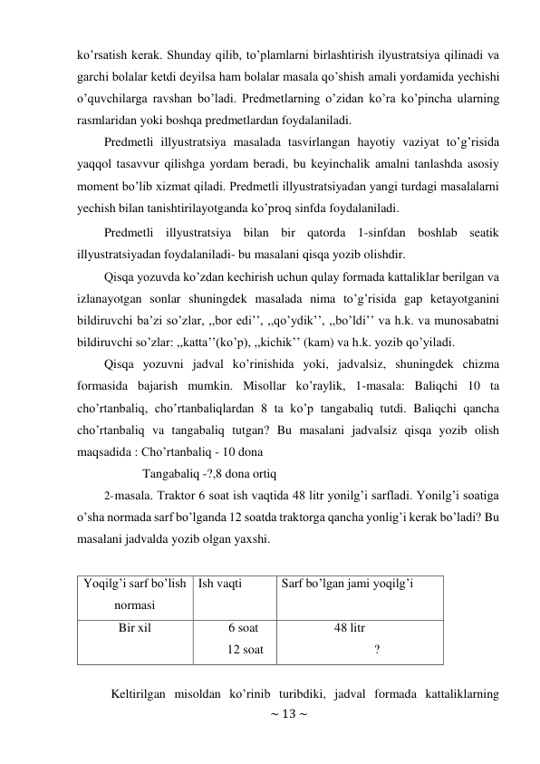 ~ 13 ~ 
 
ko’rsatish kerak. Shunday qilib, to’plamlarni birlashtirish ilyustratsiya qilinadi va 
garchi bolalar ketdi deyilsa ham bolalar masala qo’shish amali yordamida yechishi 
o’quvchilarga ravshan bo’ladi. Predmetlarning o’zidan ko’ra ko’pincha ularning 
rasmlaridan yoki boshqa predmetlardan foydalaniladi. 
Predmetli illyustratsiya masalada tasvirlangan hayotiy vaziyat to’g’risida 
yaqqol tasavvur qilishga yordam beradi, bu keyinchalik amalni tanlashda asosiy 
moment bo’lib xizmat qiladi. Predmetli illyustratsiyadan yangi turdagi masalalarni 
yechish bilan tanishtirilayotganda ko’proq sinfda foydalaniladi. 
Predmetli illyustratsiya bilan bir qatorda 1-sinfdan boshlab seatik 
illyustratsiyadan foydalaniladi- bu masalani qisqa yozib olishdir. 
Qisqa yozuvda ko’zdan kechirish uchun qulay formada kattaliklar berilgan va 
izlanayotgan sonlar shuningdek masalada nima to’g’risida gap ketayotganini 
bildiruvchi ba’zi so’zlar, ,,bor edi’’, ,,qo’ydik’’, ,,bo’ldi’’ va h.k. va munosabatni 
bildiruvchi so’zlar: ,,katta’’(ko’p), ,,kichik’’ (kam) va h.k. yozib qo’yiladi. 
Qisqa yozuvni jadval ko’rinishida yoki, jadvalsiz, shuningdek chizma 
formasida bajarish mumkin. Misollar ko’raylik, 1-masala: Baliqchi 10 ta 
cho’rtanbaliq, cho’rtanbaliqlardan 8 ta ko’p tangabaliq tutdi. Baliqchi qancha 
cho’rtanbaliq va tangabaliq tutgan? Bu masalani jadvalsiz qisqa yozib olish 
maqsadida : Cho’rtanbaliq - 10 dona 
Tangabaliq -?,8 dona ortiq 
2- masala. Traktor 6 soat ish vaqtida 48 litr yonilg’i sarfladi. Yonilg’i soatiga 
o’sha normada sarf bo’lganda 12 soatda traktorga qancha yonlig’i kerak bo’ladi? Bu 
masalani jadvalda yozib olgan yaxshi. 
 
 
Yoqilg’i sarf bo’lish 
normasi 
Ish vaqti 
Sarf bo’lgan jami yoqilg’i 
Bir xil 
6 soat 
12 soat 
48 litr 
? 
 
Keltirilgan misoldan ko’rinib turibdiki, jadval formada kattaliklarning 
