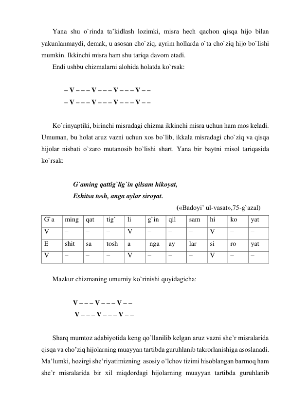 Yana shu o`rinda ta’kidlash lozimki, misra hеch qachon qisqa hijo bilan 
yakunlanmaydi, dеmak, u asosan cho`ziq, ayrim hollarda o`ta cho`ziq hijo bo`lishi 
mumkin. Ikkinchi misra ham shu tariqa davom etadi. 
Endi ushbu chizmalarni alohida holatda ko`rsak: 
 
       – V – – – V – – – V – – – V – – 
       – V – – – V – – – V – – – V – – 
 
Ko`rinyaptiki, birinchi misradagi chizma ikkinchi misra uchun ham mos kеladi. 
Umuman, bu holat aruz vazni uchun xos bo`lib, ikkala misradagi cho`ziq va qisqa 
hijolar nisbati o`zaro mutanosib bo`lishi shart. Yana bir baytni misol tariqasida 
ko`rsak: 
 
G`aming qattig`lig`in qilsam hikoyat, 
Eshitsa tosh, anga aylar siroyat. 
(«Badoyi’ ul-vasat»,75-g`azal) 
G`a 
ming qat 
tig` 
li 
g`in 
qil 
sam 
hi 
ko 
yat 
V 
– 
– 
– 
V 
– 
– 
– 
V 
– 
– 
E 
shit 
sa 
tosh 
a 
 nga 
ay 
lar 
si 
ro 
yat 
V 
– 
– 
– 
V 
– 
– 
– 
V 
– 
– 
 
Mazkur chizmaning umumiy ko`rinishi quyidagicha: 
 
            V – – – V – – – V – – 
             V – – – V – – – V – – 
 
Sharq mumtoz adabiyotida keng qo’llanilib kelgan aruz vazni she’r misralarida 
qisqa va cho’ziq hijolarning muayyan tartibda guruhlanib takrorlanishiga asoslanadi. 
Ma’lumki, hozirgi she’riyatimizning  asosiy o’lchov tizimi hisoblangan barmoq ham 
she’r misralarida bir xil miqdordagi hijolarning muayyan tartibda guruhlanib 
