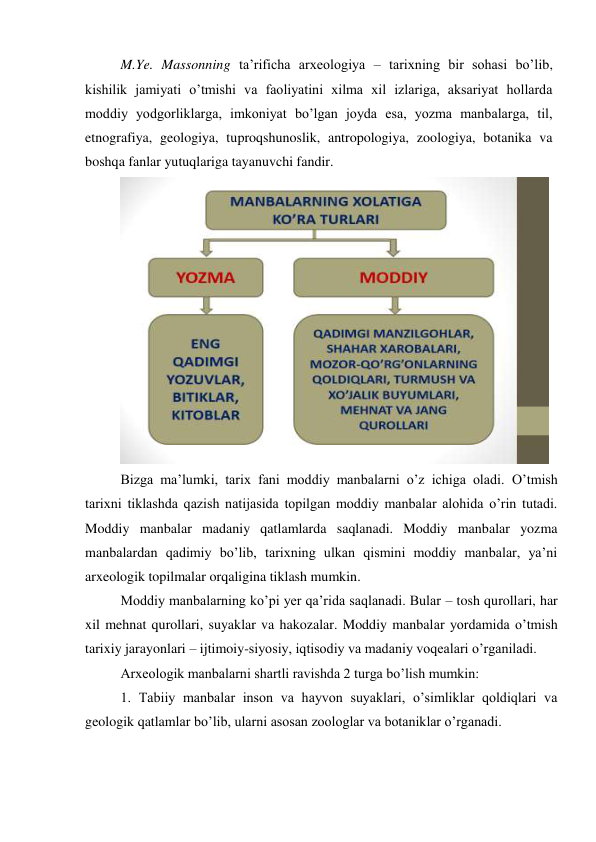 M.Ye. Massonning ta’rificha arxeologiya – tarixning bir sohasi bo’lib, 
kishilik jamiyati o’tmishi va faoliyatini xilma xil izlariga, aksariyat hollarda 
moddiy yodgorliklarga, imkoniyat bo’lgan joyda esa, yozma manbalarga, til, 
etnografiya, geologiya, tuproqshunoslik, antropologiya, zoologiya, botanika va 
boshqa fanlar yutuqlariga tayanuvchi fandir. 
 
Bizga ma’lumki, tarix fani moddiy manbalarni o’z ichiga oladi. O’tmish 
tarixni tiklashda qazish natijasida topilgan moddiy manbalar alohida o’rin tutadi. 
Moddiy manbalar madaniy qatlamlarda saqlanadi. Moddiy manbalar yozma 
manbalardan qadimiy bo’lib, tarixning ulkan qismini moddiy manbalar, ya’ni 
arxeologik topilmalar orqaligina tiklash mumkin. 
Moddiy manbalarning ko’pi yer qa’rida saqlanadi. Bular – tosh qurollari, har 
xil mehnat qurollari, suyaklar va hakozalar. Moddiy manbalar yordamida o’tmish 
tarixiy jarayonlari – ijtimoiy-siyosiy, iqtisodiy va madaniy voqealari o’rganiladi.  
Arxeologik manbalarni shartli ravishda 2 turga bo’lish mumkin: 
1. Tabiiy manbalar inson va hayvon suyaklari, o’simliklar qoldiqlari va 
geologik qatlamlar bo’lib, ularni asosan zoologlar va botaniklar o’rganadi. 
