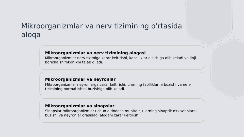 Mikroorganizmlar va nerv tizimining o'rtasida 
aloqa
Mikroorganizmlar va nerv tizimining aloqasi
Mikroorganizmlar nerv tizimiga zarar keltirishi, kasalliklar o'sishiga olib keladi va iloji 
boricha shifokorlikni talab qiladi.
Mikroorganizmlar va neyronlar
Mikroorganizmlar neyronlarga zarar keltirishi, ularning faolliklarini buzishi va nerv 
tizimining normal ishini buzishiga olib keladi.
Mikroorganizmlar va sinapslar
Sinapslar mikroorganizmlar uchun o'rindosh muhitdir, ularning sinaptik o'tkazishlarni 
buzishi va neyronlar orasidagi aloqani zarar keltirishi.
