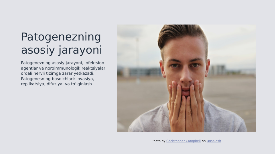Patogenezning 
asosiy jarayoni
Patogenezning asosiy jarayoni, infektsion 
agentlar va noroimmunologik reaktsiyalar 
orqali nervli tizimga zarar yetkazadi. 
Patogenesning bosqichlari: invasiya, 
replikatsiya, difuziya, va toʻlqinlash.
Photo by Christopher Campbell on Unsplash
