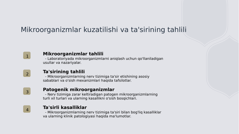 Mikroorganizmlar kuzatilishi va ta'sirining tahlili
1
Mikroorganizmlar tahlili
  - Laboratoriyada mikroorganizmlarni aniqlash uchun qo'llaniladigan 
usullar va nazariyalar.
2
Ta'sirining tahlili
  - Mikroorganizmlarning nerv tizimiga ta'sir etishining asosiy 
sabablari va o'sish mexanizmlari haqida tafsilotlar.
3
Patogenik mikroorganizmlar
  - Nerv tizimiga zarar keltiradigan patogen mikroorganizmlarning 
turli xil turlari va ularning kasallikni o'sish bosqichlari.
4
Ta'sirli kasalliklar
  - Mikroorganizmlarning nerv tizimiga ta'siri bilan bog'liq kasalliklar 
va ularning klinik patologiyasi haqida ma'lumotlar.
