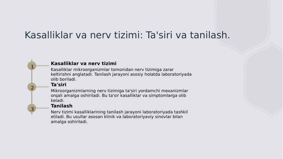 Kasalliklar va nerv tizimi: Ta'siri va tanilash.
1
Kasalliklar va nerv tizimi
Kasalliklar mikroorganizmlar tomonidan nerv tizimiga zarar 
keltirishni anglatadi. Tanilash jarayoni asosiy holatda laboratoriyada 
olib boriladi.
2
Ta'siri
Mikroorganizmlarning nerv tizimiga ta'siri yordamchi mexanizmlar 
orqali amalga oshiriladi. Bu ta'sir kasalliklar va simptomlarga olib 
keladi.
3
Tanilash
Nerv tizimi kasalliklarining tanilash jarayoni laboratoriyada tashkil 
etiladi. Bu usullar asosan klinik va laboratoriyaviy sinovlar bilan 
amalga oshiriladi.

