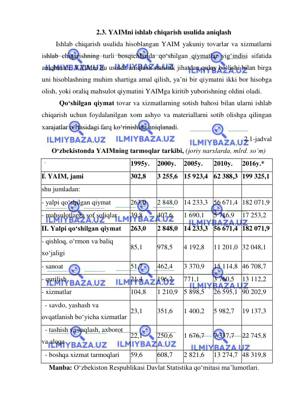  
 
2.3. YAIMni ishlab chiqarish usulida aniqlash 
Ishlab chiqarish usulida hisoblangan YAIM yakuniy tovarlar va xizmatlarni 
ishlab chiqarishning turli bosqichlarida qo‘shilgan qiymatlar yig‘indisi sifatida 
aniqlanadi. YAIMni bu usulda aniqlash statistik jihatdan qulay bo‘lishi bilan birga 
uni hisoblashning muhim shartiga amal qilish, ya’ni bir qiymatni ikki bor hisobga 
olish, yoki oraliq mahsulot qiymatini YAIMga kiritib yuborishning oldini oladi. 
 
Qo‘shilgan qiymat tovar va xizmatlarning sotish bahosi bilan ularni ishlab 
chiqarish uchun foydalanilgan xom ashyo va materiallarni sotib olishga qilingan 
xarajatlar o‘rtasidagi farq ko‘rinishida aniqlanadi. 
2.1-jadval 
O‘zbekistonda YAIMning tarmoqlar tarkibi, (joriy narxlarda, mlrd. so‘m) 
  
1995y. 
2000y. 
2005y. 
2010y. 
2016y.* 
I. YAIM, jami 
302,8 
3 255,6 15 923,4 62 388,3 199 325,1 
shu jumladan: 
  
  
  
  
  
- yalpi qo‘shilgan qiymat 
263,0 
2 848,0 14 233,3 56 671,4 182 071,9 
- mahsulotlarga sof soliqlar 
39,8 
407,6 
1 690,1 
5 716,9 
17 253,2 
II. Yalpi qo‘shilgan qiymat 
263,0 
2 848,0 14 233,3 56 671,4 182 071,9 
- qishloq, o‘rmon va baliq 
xo‘jaligi 
85,1 
978,5 
4 192,8 
11 201,0 32 048,1 
- sanoat  
51,7 
462,4 
3 370,9 
15 114,8 46 708,7 
- qurilish  
21,4 
196,2 
771,1 
3 760,5 
13 112,2 
- xizmatlar 
104,8 
1 210,9 5 898,5 
26 595,1 90 202,9 
  - savdo, yashash va 
ovqatlanish bo‘yicha xizmatlar  
23,1 
351,6 
1 400,2 
5 982,7 
19 137,3 
  - tashish va saqlash, axborot 
va aloqa 
22,1 
250,6 
1 676,7 
7 337,7 
22 745,8 
  - boshqa xizmat tarmoqlari 
59,6 
608,7 
2 821,6 
13 274,7 48 319,8 
Manba: O‘zbekiston Respublikasi Davlat Statistika qo‘mitasi ma’lumotlari. 
