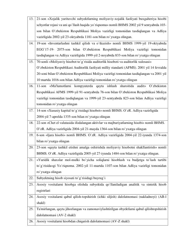 13. 21-son «Xojalik yurituvchi subyektlarning moliyaviy-xojalik faoliyati buxgalteriya hisobi 
schyotlar rejasi va uni qo`llash haqida yo`riqnoma» nomli BHMS 2002 yil 9 sentyabrda 103-
son bilan O`zbekiston Respublikasi Moliya vazirligi tomonidan tasdiqlangan va Adliya 
vazirligida 2002-yil 23-oktyabrda 1181-son bilan ro`yxatga olingan. 
14. 19-son «Inventarlashni tashkil qilish va o`tkazish» nomli BHMS 1999-yil 19-oktyabrda 
EGG`17-19- 2075-son bilan O`zbekiston Respublikasi Moliya vazirligi tomonidan 
tasdiqlangan va Adliya vazirligida 1999-yil 2-noyabrda 833-son bilan ro`yxatga olingan 
15. 70-sonli «Moliyaviy hisobot to`g`risida auditorlik hisoboti va auditorlik xulosasi» 
O`zbekiston Respublikasi Auditorlik faoliyati milliy standarti (AFMS). 2001 yil 14 fevralda 
20-soni bilan O`zbekiston Respublikasi Moliya vazirligi tomonidan tasdiqlangan va 2001 yil 
10 martda 1016-son bilan Adliya vazirligi tomonidan ro`yxatga olingan 
16. 11-son «Ma'lumotlarni kompyuterda qayta ishlash sharoitida audit» O`zbekiston 
Respublikasi AFMS 1999-yil 91-sentyabrda 76-son bilan O`zbekiston Respublikasi Moliya 
vazirligi tomonidan tasdiqlangan va 1999-yil 23-sentyabrda 823-son bilan Adliya vazirligi 
tomonidan ro`yxatga olingan 
17. 14-son «Xususiy kapital to`g`risidagi hisobot» nomli BHMS. O`zR. Adliya vazirligida 
2004-yil 7-aprelda 1335-son bilan ro`yxatga olingan 
18. 22-son «Chet el valutasida ifodalangan aktivlar va majburiyatlarning hisobi» nomli BHMS. 
O`zR. Adliya vazirligida 2004-yil 21-mayda 1364-son bilan ro`yxatga olingan 
19. 6-son «Ijara hisobi» nomli BHMS. O`zR. Adliya vazirligida 2004-yil 22-iyunda 1374-son 
bilan ro`yxatga olingan 
20. 23-son «qayta tashkil etishni amalga oshirishda moliyaviy hisobotni shakllantirish» nomli 
BHMS. O`zR. Adliya vazirligida 2005-yil 27-iyunda 1484-son bilan ro`yxatga olingan. 
21. «Yuridik shaxslar mol-mulki bo`yicha soliqlarni hisoblash va budjetga to`lash tartibi 
to`g`risida»gi Yo`riqnoma. 2002-yil 11-martda 1107-son bilan Adliya vazirligi tomonidan 
ro`yxatga olingan 
22. Subyektning hisob siyosati to`g`risidagi buyrug`i 
23. Asosiy vositalarni hisobga olishda subyektda qo`llaniladigan analitik va sintetik hisob 
registrlari 
24. Asosiy vositalarni qabul qilish-topshirish (ichki siljish) dalolatnomasi (nakladnoyi) (AB-l 
shakl) 
25. Ta'mirlangan, qayta jihozlangan va zamonaviylashtirilgan obyektlarni qabul qilishtopshirish 
dalolatnomasi (AV-2 shakl) 
26. Asosiy vositalarni hisobdan chiqarish dalolatnomasi (AV-Z shakl) 
